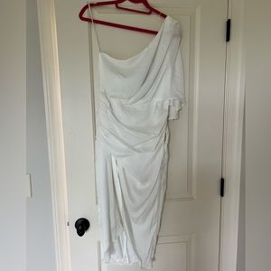 White one-shoulder wrap midi dress NWT